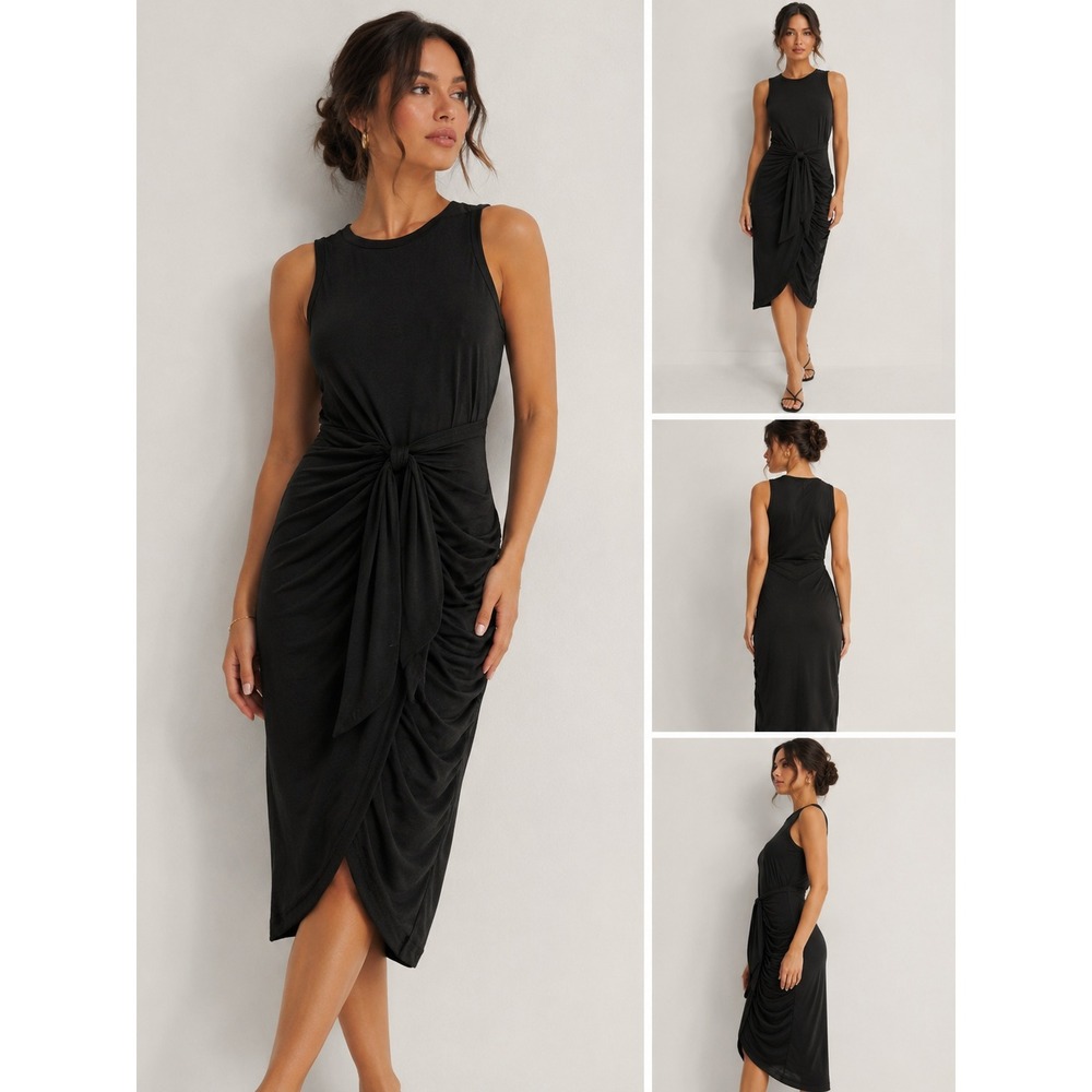 Lillusory Tie Front Mini Dress Womens XL Black New Ruched Sleeveless Jersey